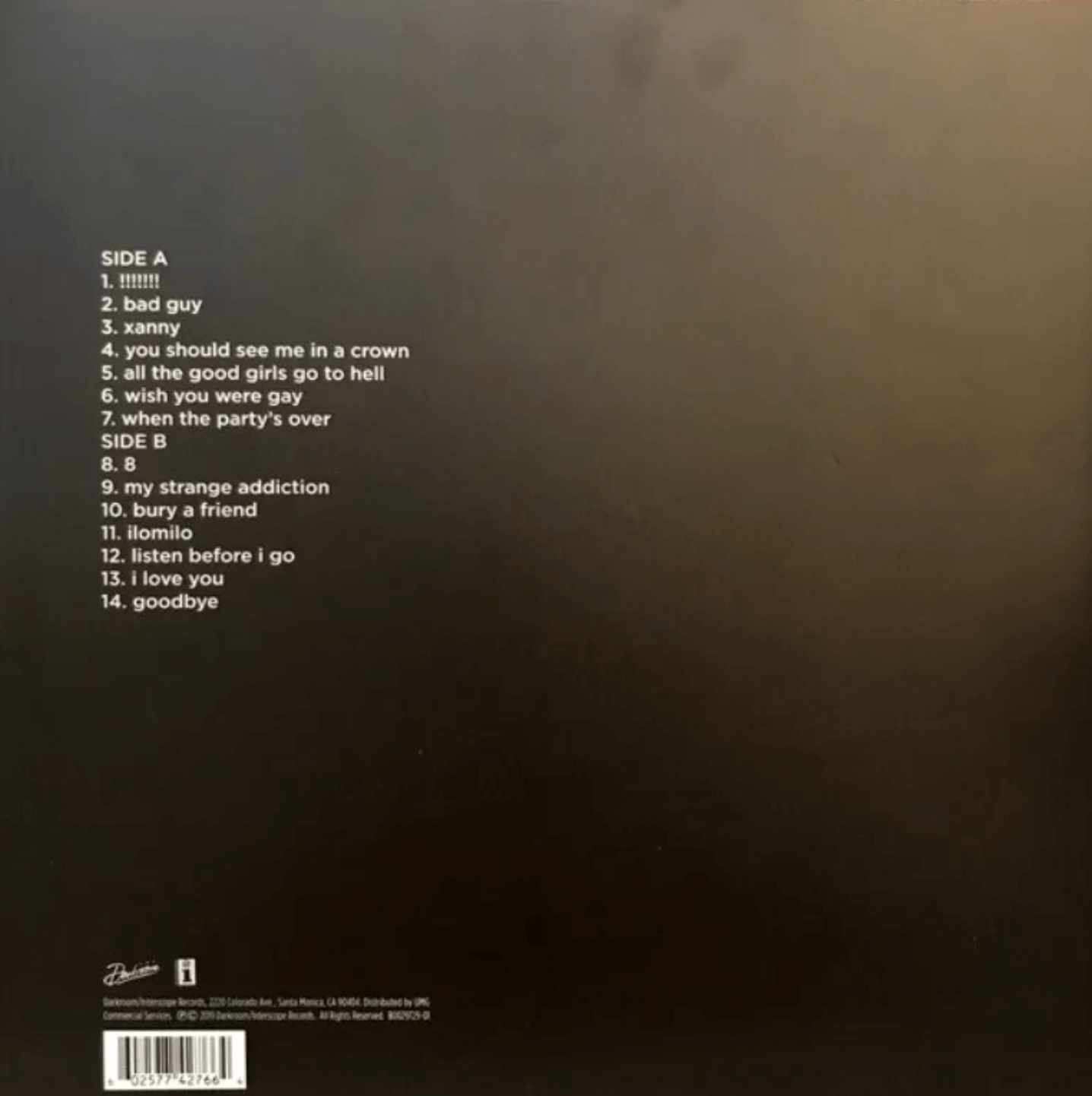 Billie Eilish - When We All Fall Asleep, Where Do We Go- (back)